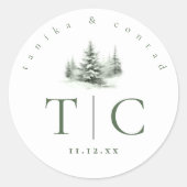 Sticker Rond Initiales de mariage d'hiver rustique Forest Green (Devant)