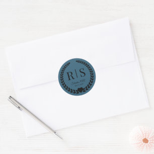 Sticker Rond Initiales de monogramme de mariage bleu sarcelle f