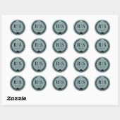 Sticker Rond Initiales de monogramme de mariage bleu sauge brum (Feuille)