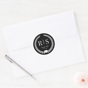 Sticker Rond Initiales de monogramme de mariage noir et blanc