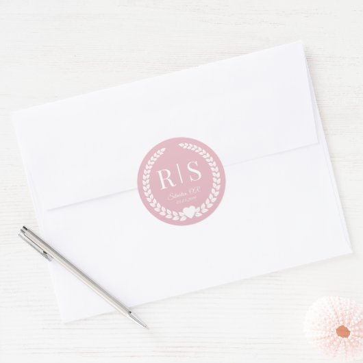 Sticker Rond Initiales de monogramme de mariage rose fardé (Enveloppe)
