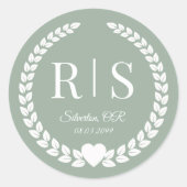 Sticker Rond Initiales de monogramme de mariage vert sauge (Devant)