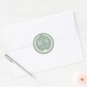 Sticker Rond Initiales de monogramme de mariage vert sauge