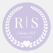 Sticker Rond Initiales de monogramme de mariage violet lavande (Devant)