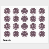 Sticker Rond Initiales de monogramme de mariage violet prune (Feuille)