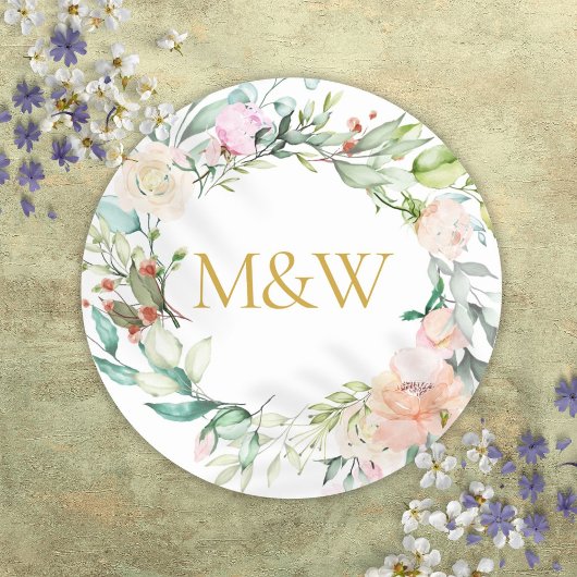 Sticker Rond Initiales de monogramme d'or Rose Garland Floral