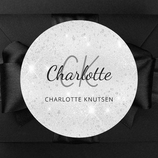 Sticker Rond Initiales de monogramme en paillettes argentées no