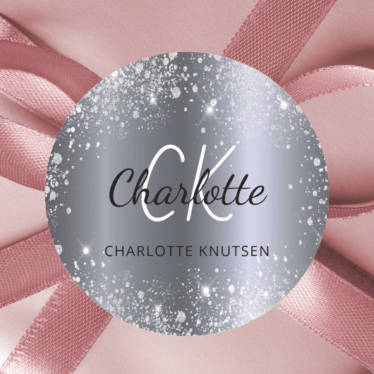 Sticker Rond Initiales de monogramme en paillettes argentées no