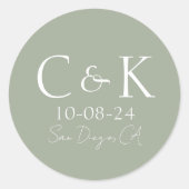 Sticker Rond Initiales de monogramme Mariage Vert Sauge (Devant)