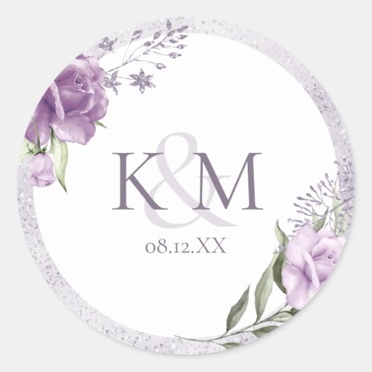 Sticker Rond Initiales du Mariage d'étincelle florale Mauve ID8 (Devant)