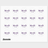 Sticker Rond Initiales et date minimalistes en violet (Feuille)