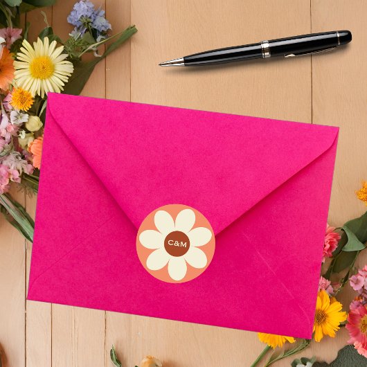 Sticker Rond Initiales Mariages à fleur de marguerite rétro