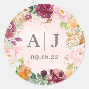 Sticker Rond Initiales mariages Blush Bourgogne Floral Wreath