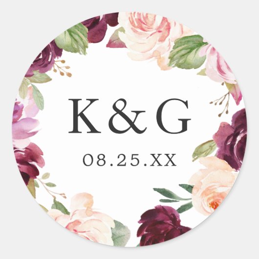 Sticker Rond Initiales mariages Plum violet Blush Floral Wreath (Devant)