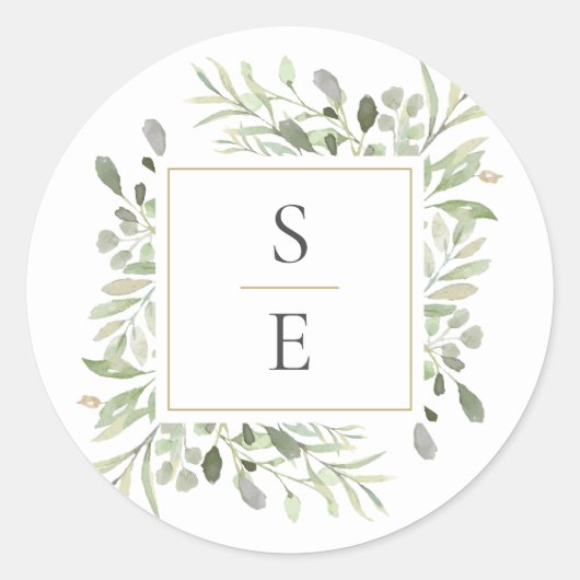 Sticker Rond Initiales Monogramme Verdure Moderne Mariage Or (Devant)