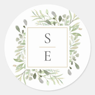 Sticker Rond Initiales Monogramme Verdure Moderne Mariage Or