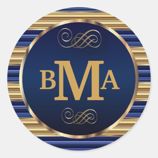 Sticker Rond Initiales Monogrammes en bandes Bleu foncé et Or (Devant)