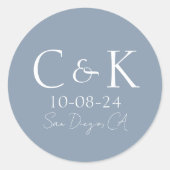 Sticker Rond Initiales Monogrammes Mariage bleu poussiéreux (Devant)