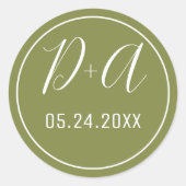 Sticker Rond Initiales simples et élégantes mariage vert olive (Devant)