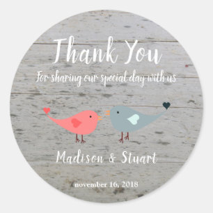 Sticker Rond Inséparables bois rustique Mariage Merci Favor