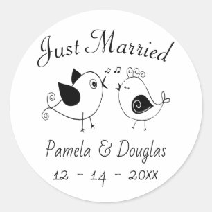 Sticker Rond Inséparables Noir Blanc Mariés Oiseaux De Mariage