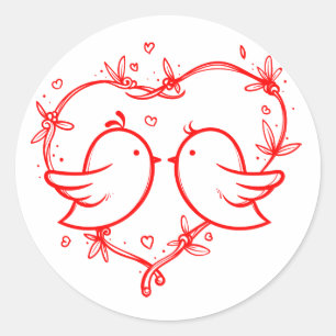 Sticker Rond Inséparables Rouges et Blancs & Cœur Mariage Fianç
