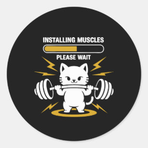 Sticker Rond Installation Muscles Veuillez Patienter Gym Cat Bo