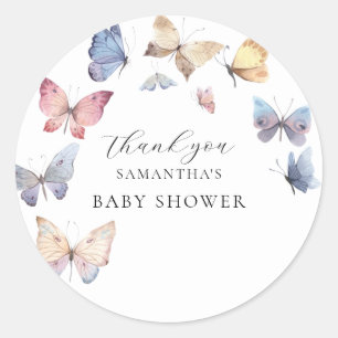 Sticker Rond Invitation aquarelle pour Baby Shower Fille Papill