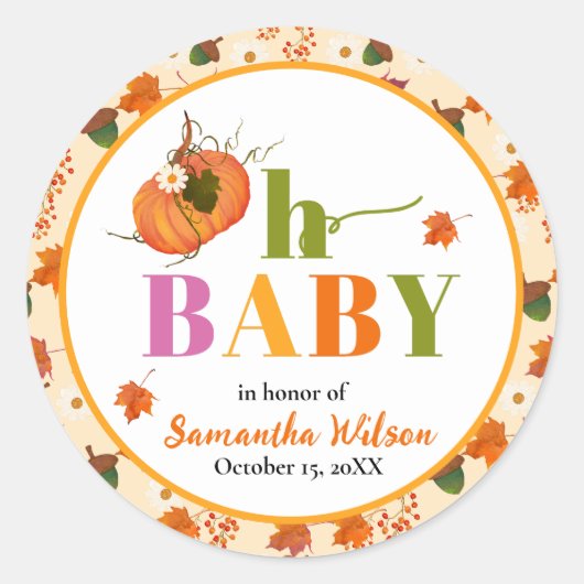 Sticker Rond Invitation Citrouille d'automne Baby shower (Devant)