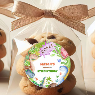 Sticker Rond Invitation d'anniversaire 4 ans garçon dinosaure
