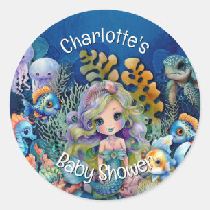 Sticker Rond Invitation du Baby shower de sirène océanique