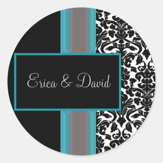 Sticker Rond Invitations Aqua White Black Mariage damassé (Devant)