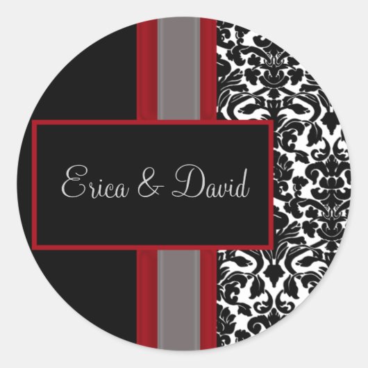 Sticker Rond Invitations Red White Black Mariage damassé (Devant)