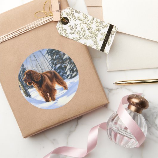 Sticker Rond Irish Setter Qu'il neige Noël (Cadeaux)