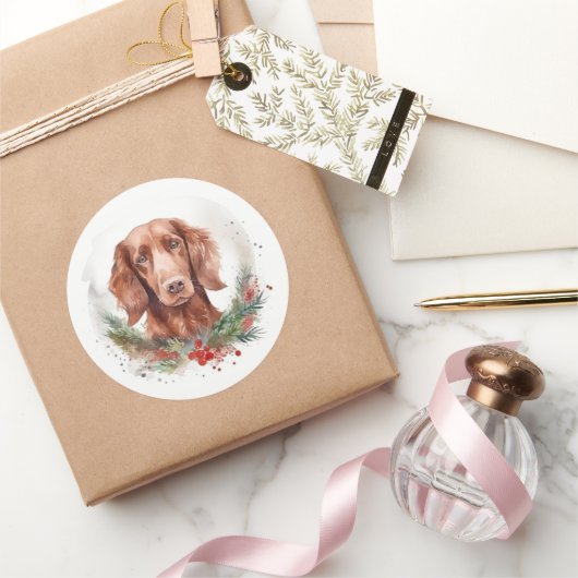 Sticker Rond Irlandais Red Setter Festive Wreath Pup (Cadeaux)