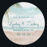 Sticker Rond Island Breeze Plage Peint Scène Monogramme Mariage<br><div class="desc">Island Breeze Painted Beach Scene, avec Ocean Waves, Sandy Beach et Palm Trees, avec un beau ciel bleu turquoise. Avec Des Polices De Script De Typographie Moderne. Une Plage Tropicale D'Été, Ou design de mariage de destination - Mariage personnalisé Monogramme Nom Stickers! ~ Regardez ma boutique pour voir l'ensemble de...</div>