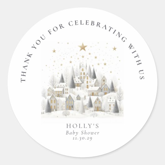 Sticker Rond It Takes a Village Snowy Whimsical Baby Shower (Devant)