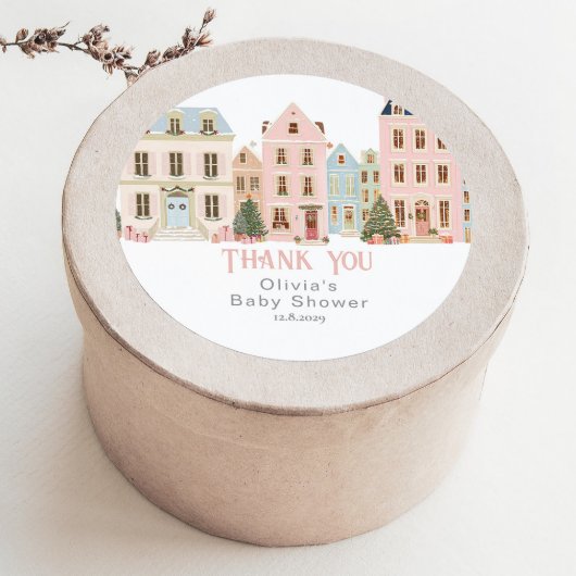 Sticker Rond It takes a Village Winter Pink Snow Thank you