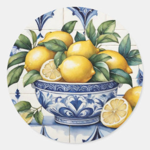 Sticker Rond Italien Amalfi bleu carreaux blanc bol de citrons