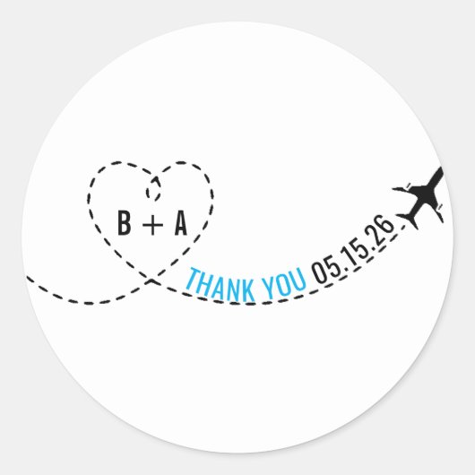 Sticker Rond Itinéraire d'avion Monogramme Mariage Date Merci (Devant)