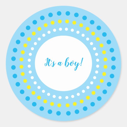 Sticker Rond "It's a Boy!" Blue & Yellow Polka Dots (Devant)