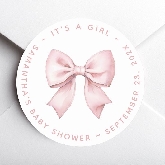 Sticker Rond It's a Girl Baby Shower Pink Bow