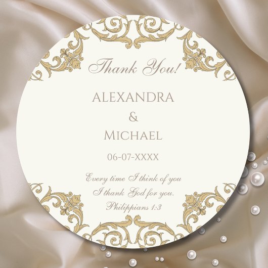 Sticker Rond Ivory Baroque Christian Wedding Thank You 