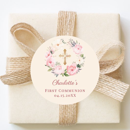 Sticker Rond Ivory blush pink floral wreath First Communion