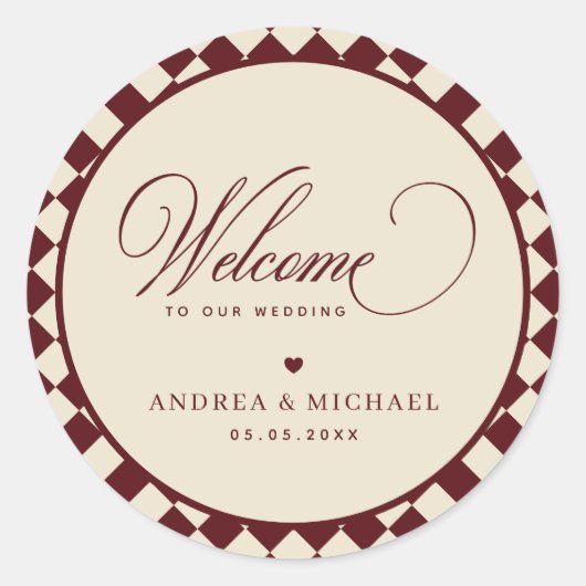 Sticker Rond Ivory & Burgundy Checkered Retro Wedding Welcome (Devant)
