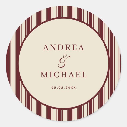 Sticker Rond Ivory & Burgundy Stripes Retro Custom Wedding (Devant)