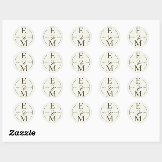 Sticker Rond Ivory Coffee Monogram Date Wedding (Feuille)