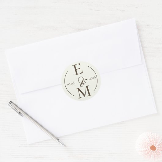 Sticker Rond Ivory Coffee Monogram Date Wedding (Enveloppe)