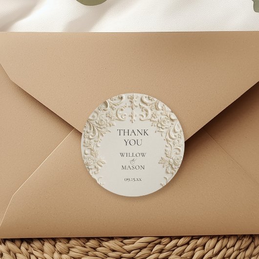 Sticker Rond Ivory Elegant Embossed Thank You Wedding