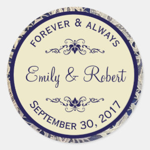 Sticker Rond Ivory Lace Royal Navy Bleu Mariage officiel